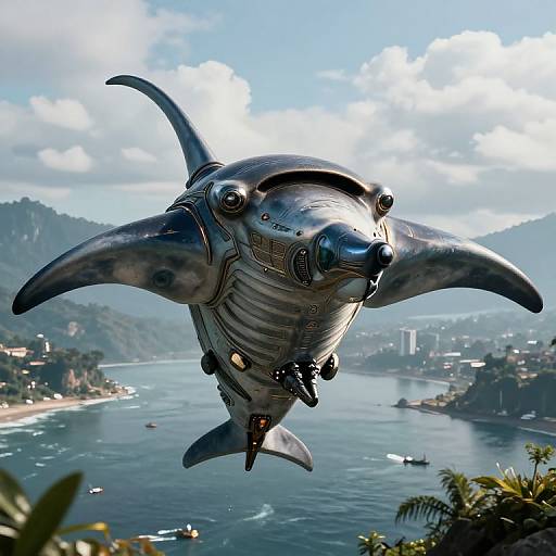 Photorealistic CGI of a metallic, dolphin-shaped aircraft flying over a tropical coastal city with mountains, blue sky, and ocean.
