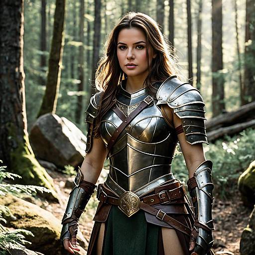 Female Warrior in Medieval Armor in Forest