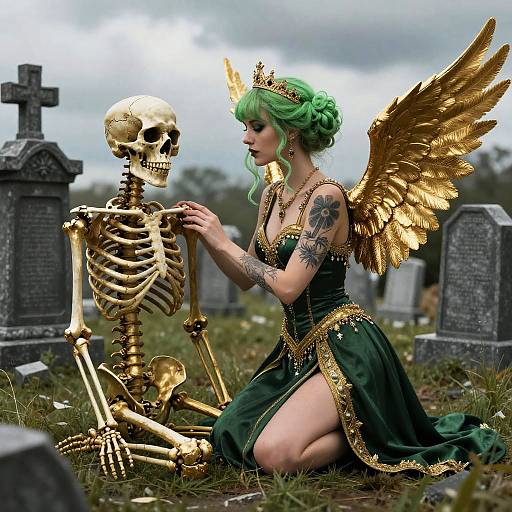 Digital artwork: Green-haired angelic woman with golden wings and crown, tattooed arm, kneels beside a gold skeleton in a graveyard, touching its