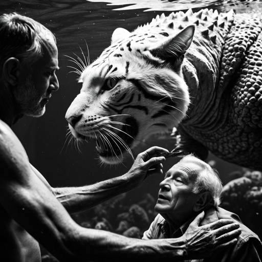 Surreal Underwater Scene with Elderly Men and Giant White Cat