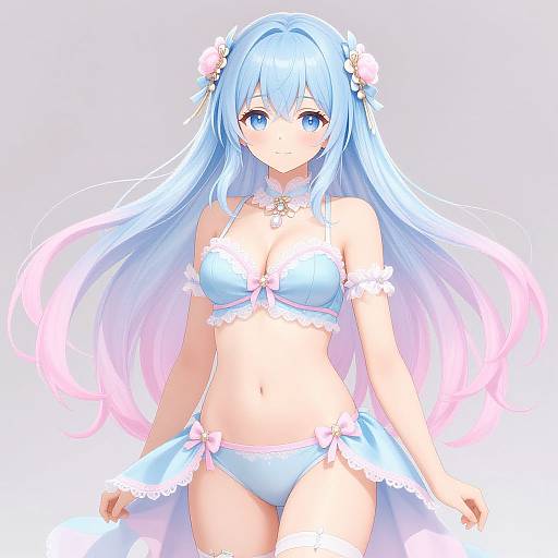 Digital anime-style drawing of a blue-haired girl with long, flowing hair, wearing a light blue frilled bikini with pink bows, standing against a white