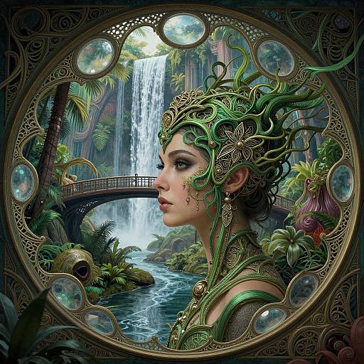 Digital fantasy artwork: Green-haired, ornate-crowned woman in intricate armor gazes at lush, jungle waterfall through circular frame with gem-like accents.