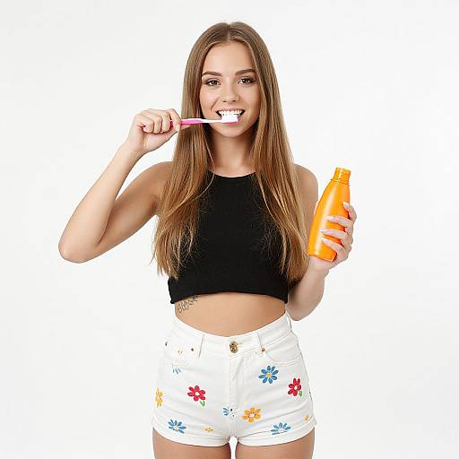 Young Woman Brushing Teeth with Floral Shorts