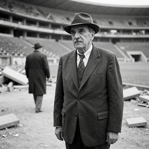 Vintage Man in Ruined Stadium Scene