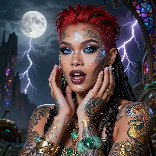 Digital art of a heavily tattooed, red-haired woman with glowing blue eyes, dark lipstick, and intricate jewelry, set against a stormy night sky