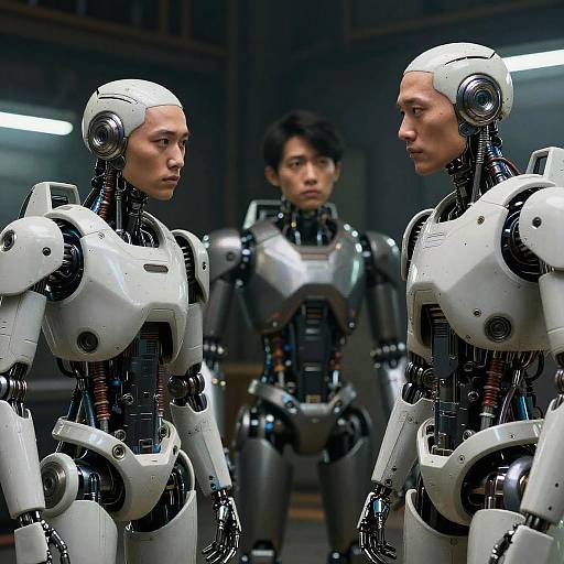Photograph of a sci-fi scene with two white robotic humans facing each other, and a human-like black robotic figure in the background. Dark, industrial