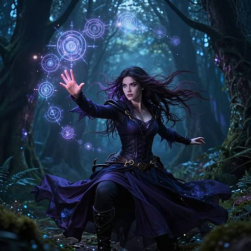 Photograph-like digital art of a dark-haired witch in a black, flowing dress, conjuring glowing blue magical orbs in a mystical, moonlit forest