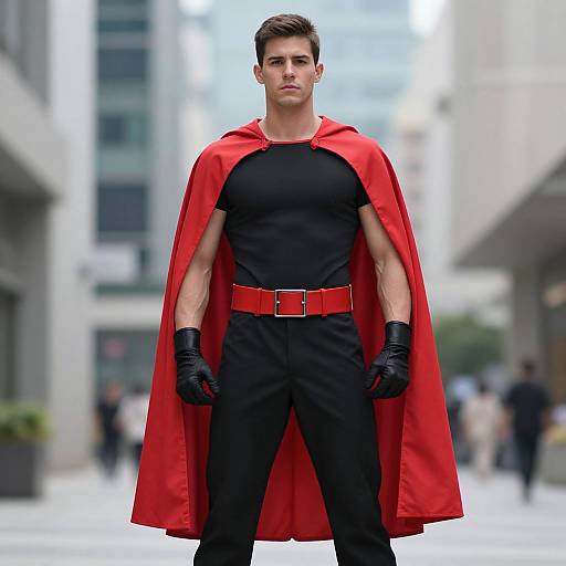 Photograph of a muscular man with short brown hair, wearing a black t-shirt, black pants, red cape, red belt, and black gloves,