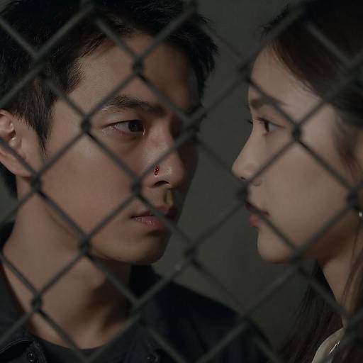 Intense Moment Behind a Chain-Link Fence