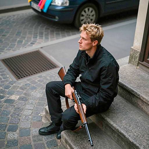 Man Sitting on Steps with Rifle