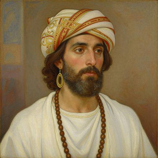 Photorealistic painting of a bearded Middle Eastern man with dark hair, wearing a white turban with gold patterns, white robe, brown bead necklace
