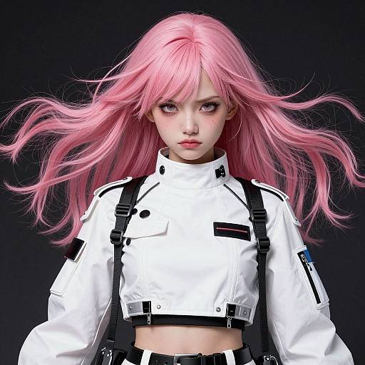 CGI anime-style portrait of a young woman with pink hair, white military-style crop top, black straps, and intense purple eyes.
