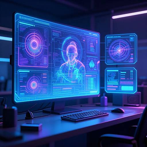 Neon-lit cyberpunk office scene: dual glowing monitors displaying holographic interfaces with a face and circular data patterns, keyboard, and mouse on desk