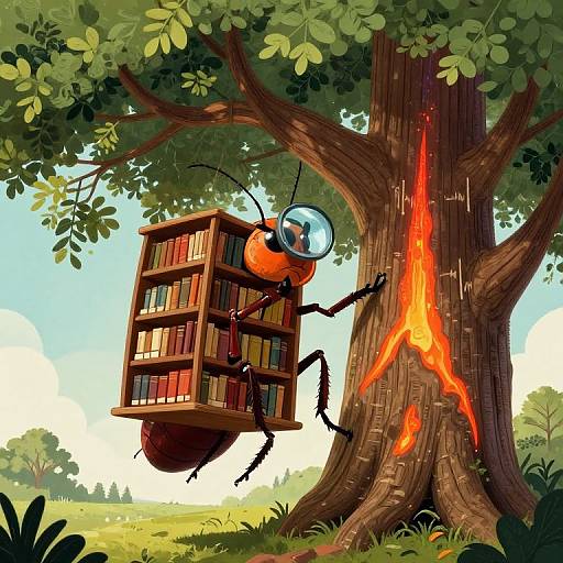 A cartoonish, orange insect with a transparent dome, clinging to a tree with a bookshelf, is drilling into the trunk with a fiery drill.