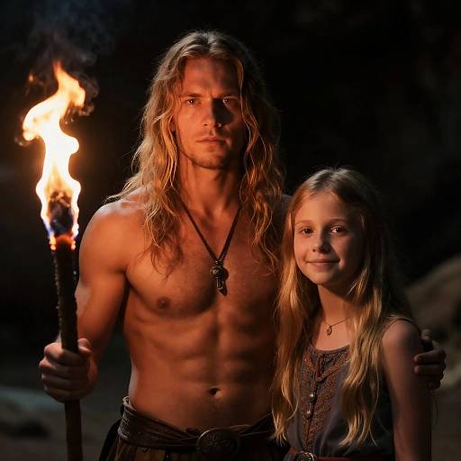 Shirtless Man and Girl in Cave