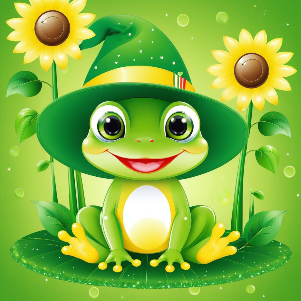 Cute Retro Baby Frog with Sunflowers