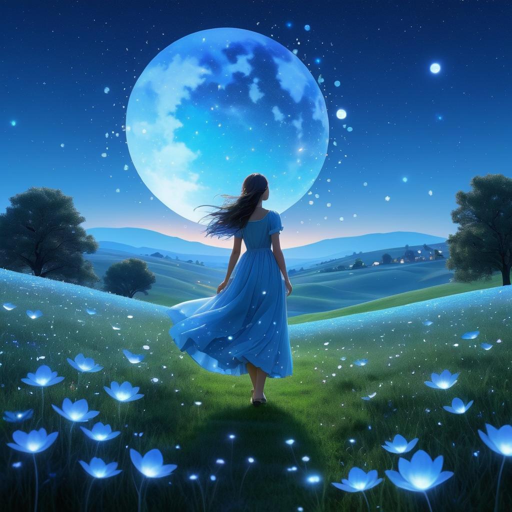 Woman Gazing at Moons Under Blue Petals