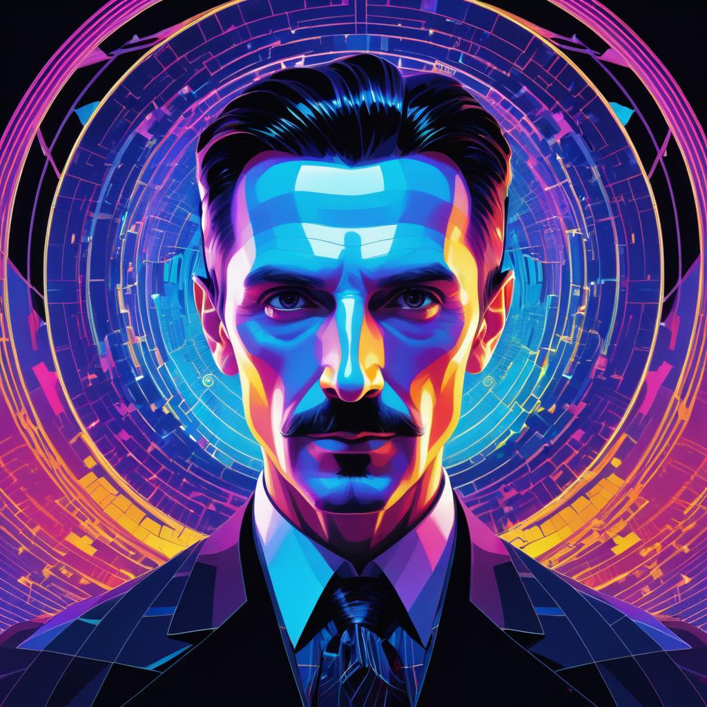 Vibrant Symmetrical Portrait of Nikola Tesla