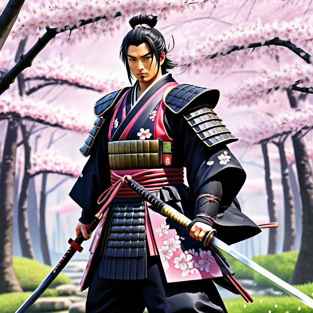 Fierce Samurai in Tranquil Cherry Grove