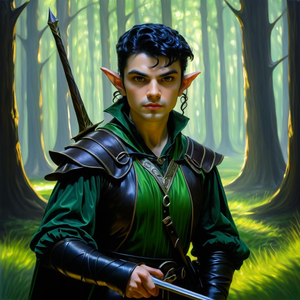 Elfin Ranger Portrait in Shadowy Glade