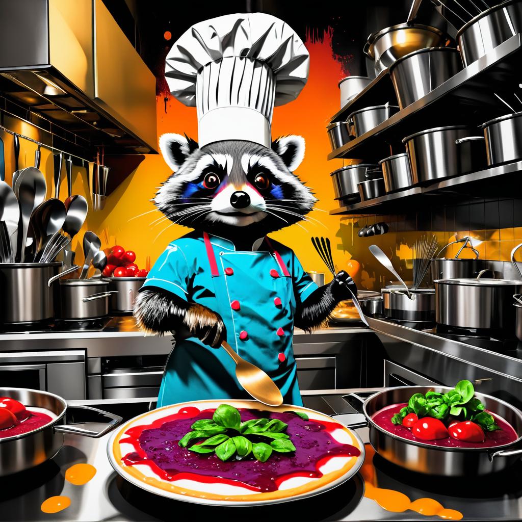 Urban Raccoon Chef in Chaotic Kitchen