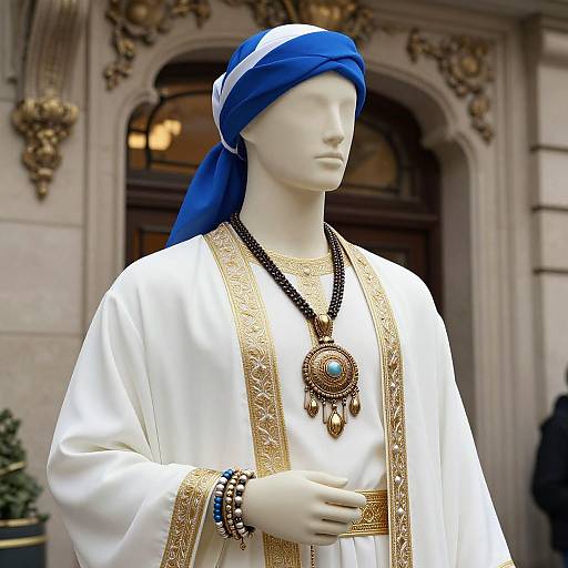 Photograph of a white mannequin wearing a blue headscarf, white embroidered robe, gold trim, black bead necklace, and bracelet, in