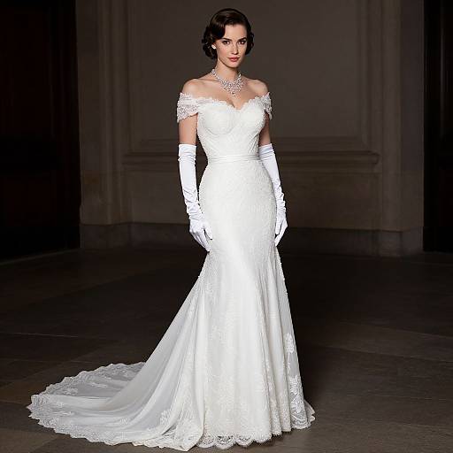 Photograph of a dark-haired woman in an off-shoulder, white lace wedding gown with long gloves, standing in a dimly lit, elegant