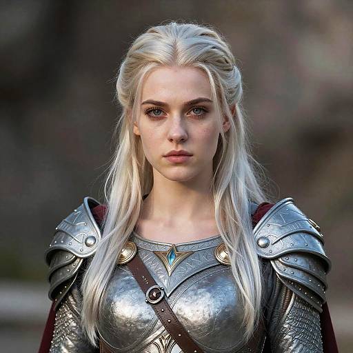 Digital art of a serious-looking, fair-skinned, blonde woman with blue eyes wearing silver, medieval-style armor with a teal gem, set against a