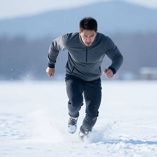 Photograph of a determined East Asian man in a gray zip-up jacket and black pants running through a snowy landscape, splashing white snow behind him under