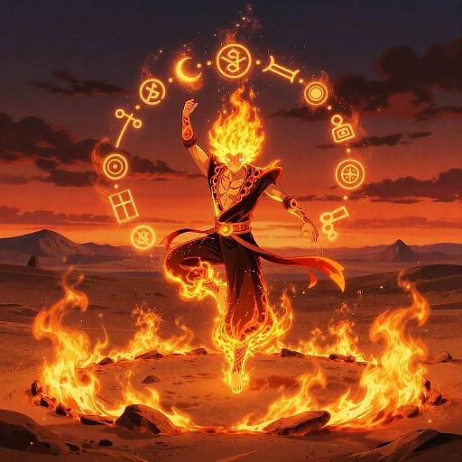 Digital artwork of a fire-wielding character with flames on head and body, surrounded by glowing symbols, standing in a fiery circle at sunset in a desert