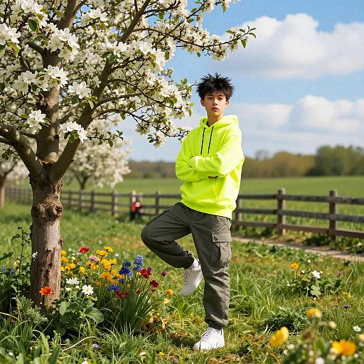Photograph of a young Asian boy with black spiky hair, wearing a neon yellow hoodie and gray pants, standing on one leg by a blooming