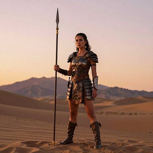 Photograph of a fierce, dark-haired warrior woman in ancient armor, holding a spear, standing in a desert with sunlit mountains.