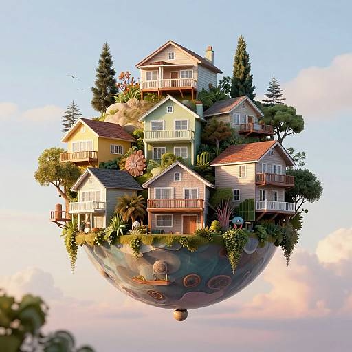 Digital art of a floating island with colorful, charming houses, surrounded by lush greenery, set against a pink and blue sky.