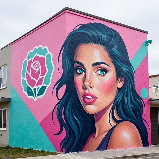 Vibrant street art of a blue-eyed woman with wavy black hair, pink lips, and rose tattoo on pink and green geometric building.
