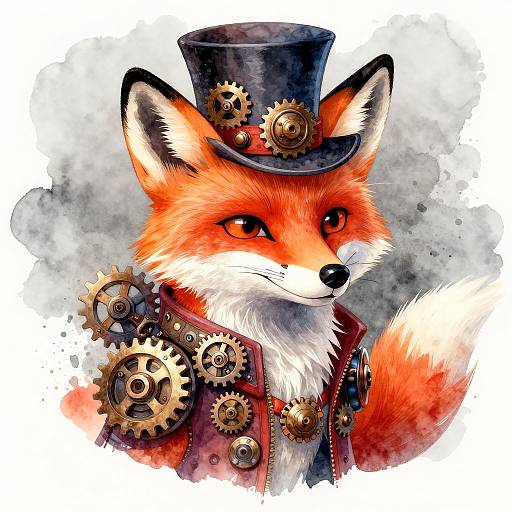 Digital watercolor of an anthropomorphic fox wearing a black top hat and steampunk jacket with large brass gears, exuding a Victorian-era inventor vibe