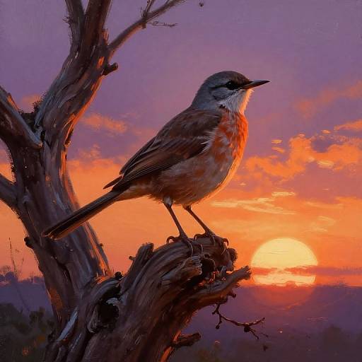 Photograph of a small bird with orange and gray plumage perched on a twisted, dark tree branch against a vibrant orange and purple sunset sky.