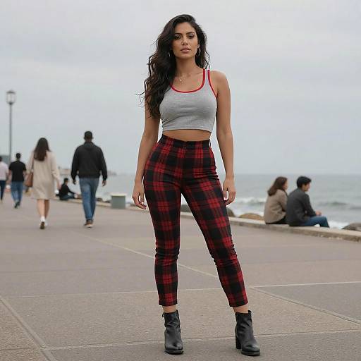 Photograph of a confident woman with long black hair, wearing a gray tank top and red plaid high-waisted pants, standing on a coastal
