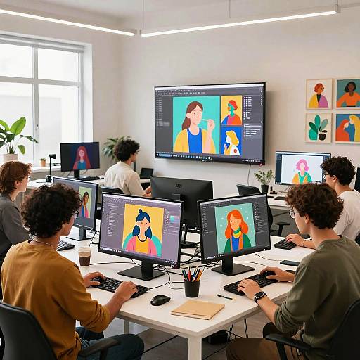 Photograph of a modern design studio with six diverse, curly-haired designers working on colorful digital portraits on multiple screens. Bright, white room with large windows