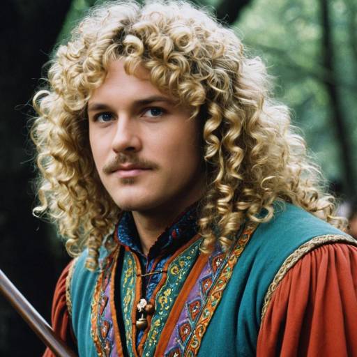Medieval Man with Curly Blonde Hair in Colorful Costume