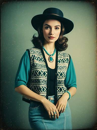 Bohemian Woman Wearing Tribal Vest and Wide-Brimmed Hat