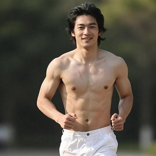 Muscular Asian Man Running Outdoors