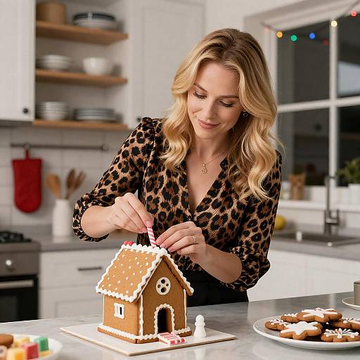 Blonde Woman Decorating a Gingerbread House