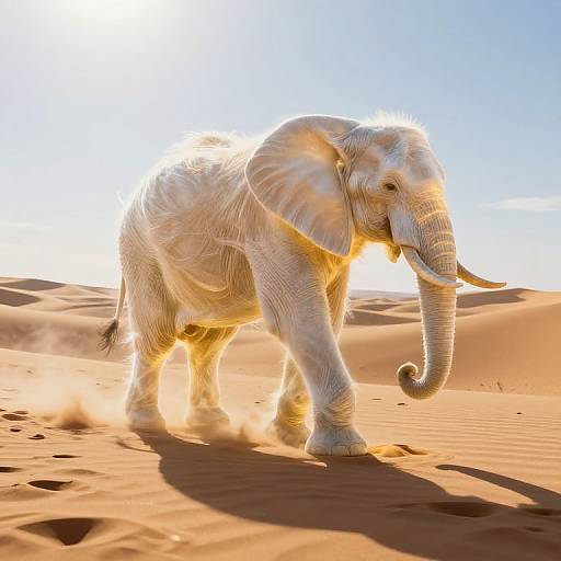 Photograph of a white elephant with glowing fur walking in a sunlit, golden desert with rippled sand and a clear blue sky.