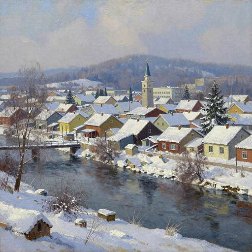 Photorealistic painting of a snowy village with colorful houses, a church steeple, and a river, under a cloudy sky.
