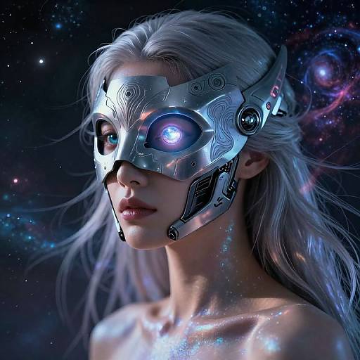 Digital artwork of a silver-masked, ethereal woman with white hair, glowing blue eyes, and starry cosmic background. Her mask and skin shimmer
