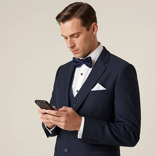 Man in Navy Suit and Bow Tie Using Cell Phone