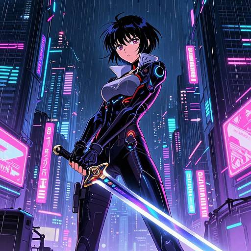Cyberpunk anime girl with short black hair, holding glowing sword, wearing black bodysuit, standing in neon-lit, rainy cityscape.