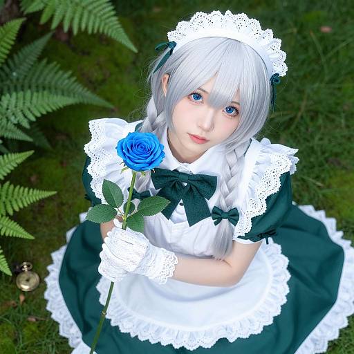 Photograph of a young girl with white hair, blue eyes, and a black and white maid outfit, holding a blue rose, kneeling on green grass