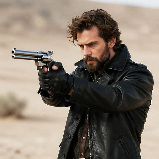 Intense Man Aiming Revolver in Desert