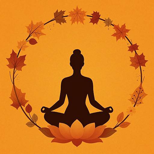 Silhouette of a meditating woman in lotus pose, surrounded by a circular wreath of autumn leaves, on an orange background. Digital artwork.